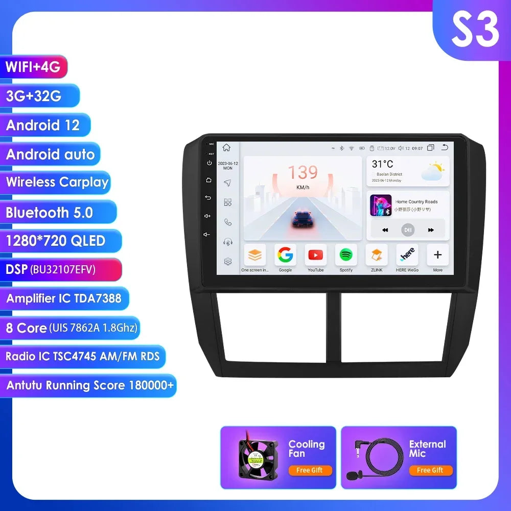 Subaru Forester 3 SH 2007-2013 Impreza WRX  " Android 14 Carplay Android auto wireless wifi bt gps 4g AUTMFSTSB