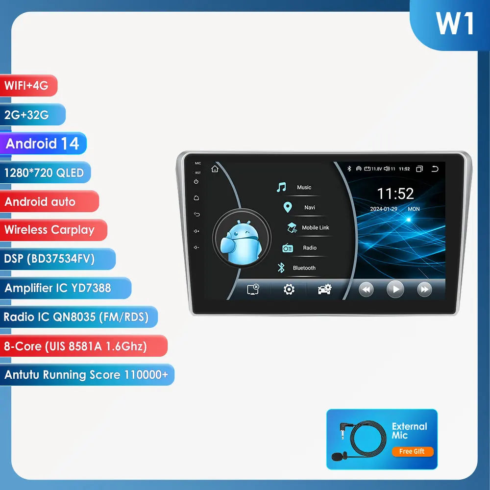 Toyota Avensis T25 2002- 2008 9" Android 14 Carplay Android auto wireless wifi bt gps 4g  AUTM01HZ