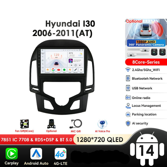 Hyundai I30 2006-2011  9" Android 14 Carplay Android auto wireless wifi bt gps 4g AUTMQS31
