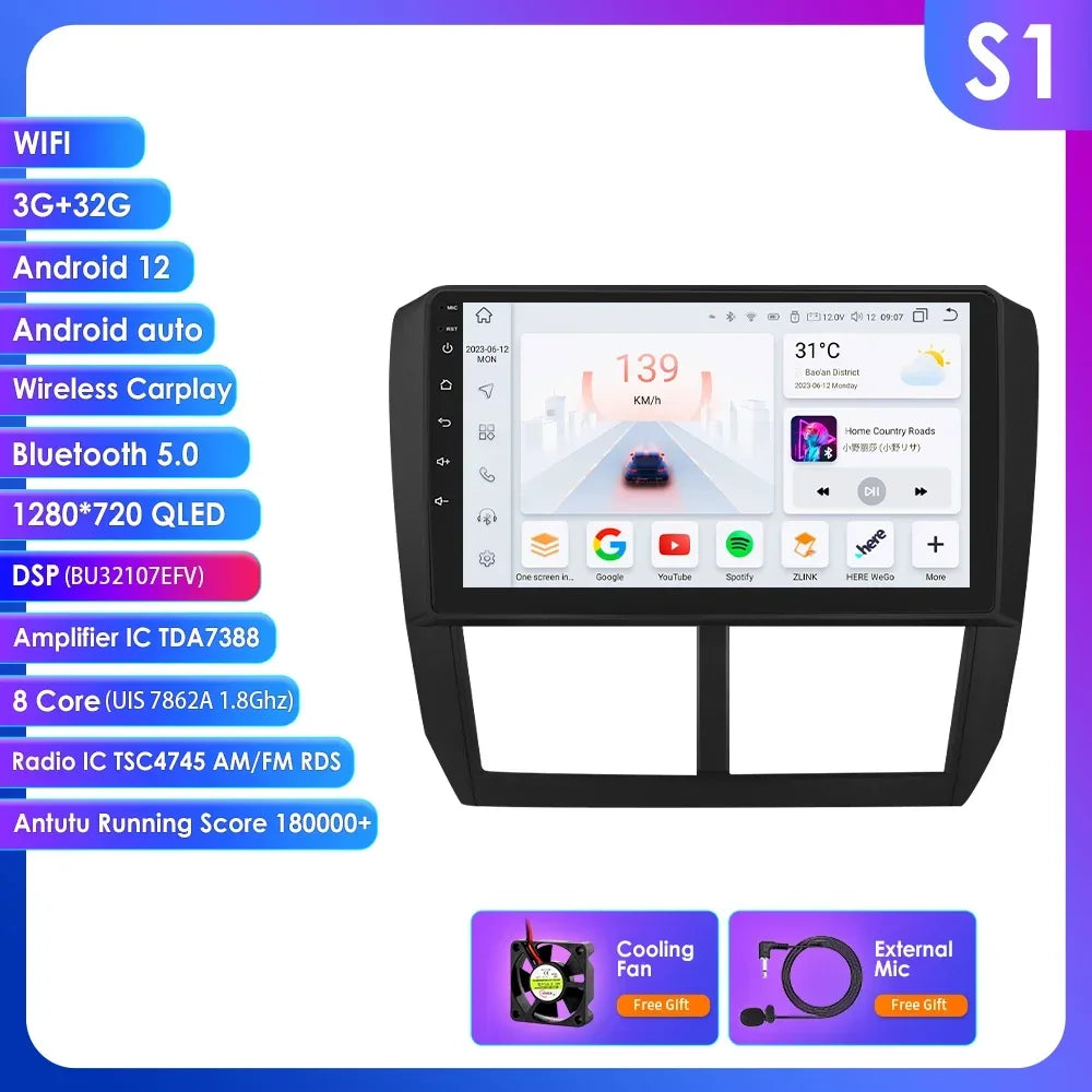Subaru Forester 3 SH 2007-2013 Impreza WRX  " Android 14 Carplay Android auto wireless wifi bt gps 4g AUTMFSTSB