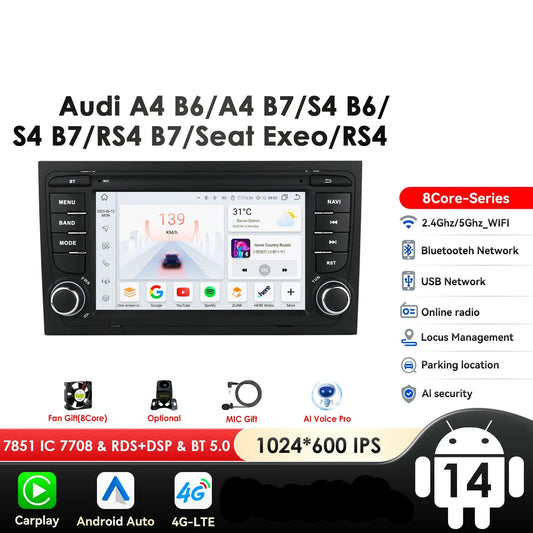 Audi A4 B9 B8 B7 B6 S4 RS4 SEAT Exeo 2000-2008 7" Android 14 Carplay Android auto wireless wifi bt gps 4g AUTM1EB1