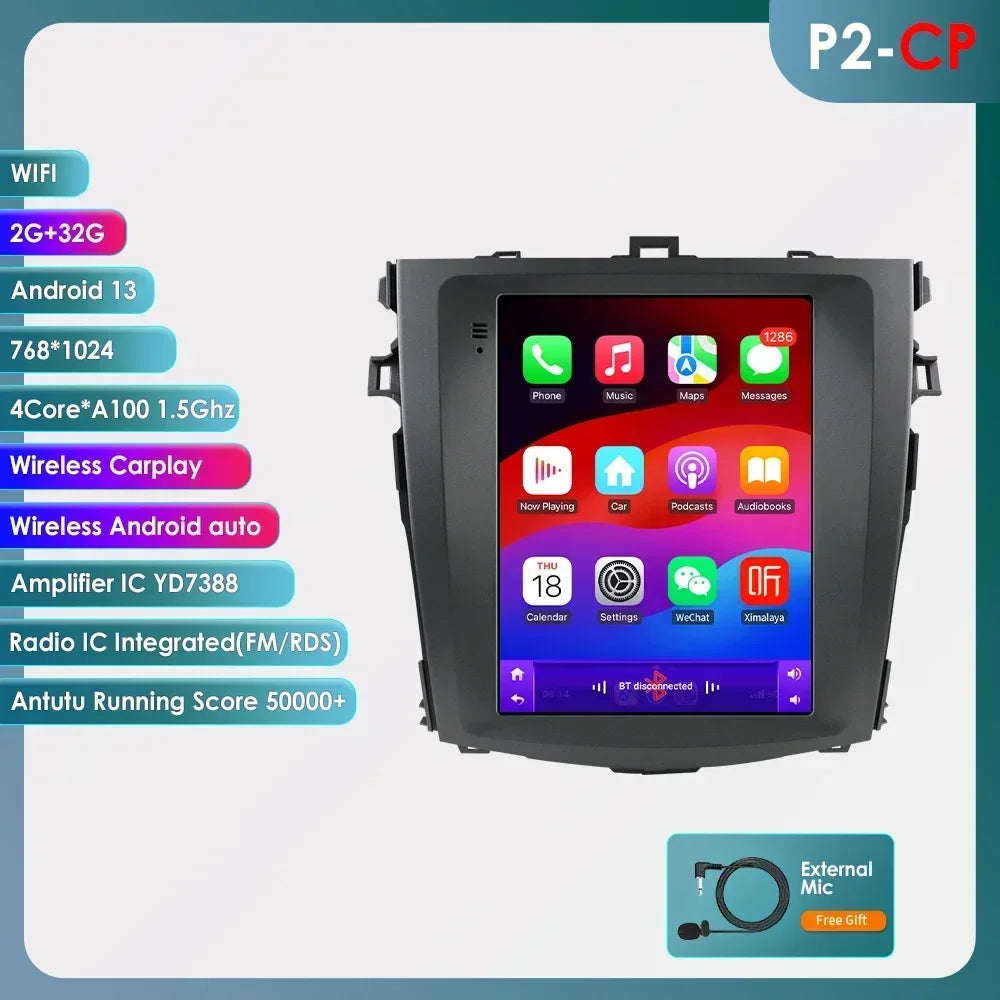 Toyota Corolla E140 / E150 2006 - 2013 9.7"  Android 14 Carplay Android auto wireless wifi bt gps 4g CRLTYTE2