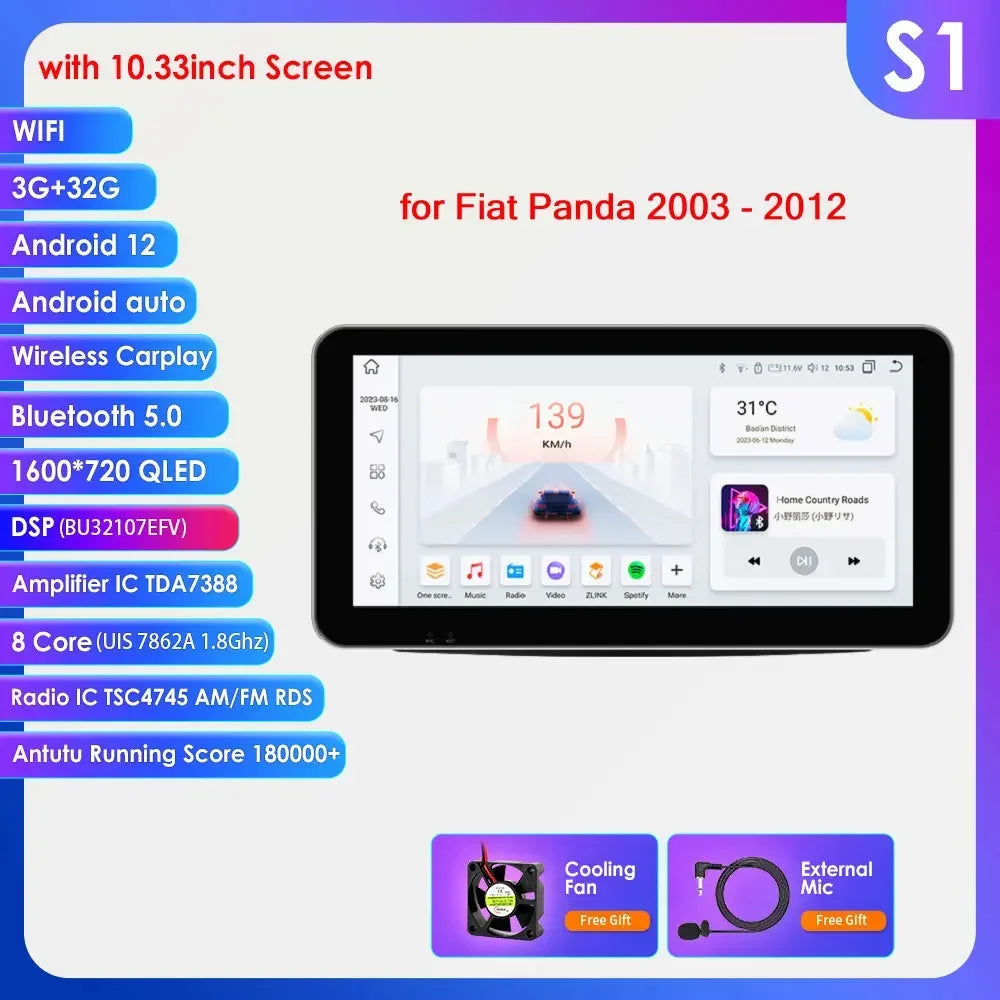 Fiat Panda 2003 - 2012 9" Android 14 Carplay Android auto wireless wifi bt gps 4g  AUTMWUM9