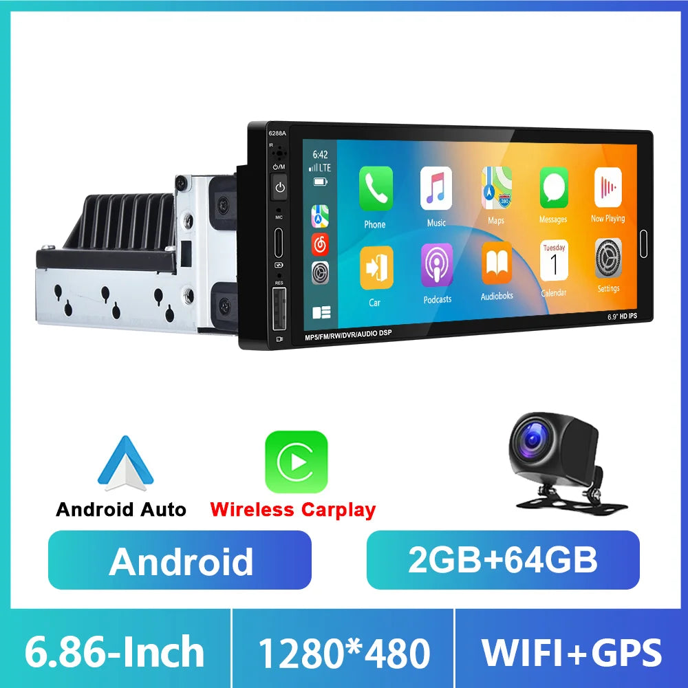 1din 6.86'' Android Car Stereo Radio 2+64G Wireless Carplay Android auto Bluetooth WIFI GPS FM Radio RDS  AUTMRDNV1