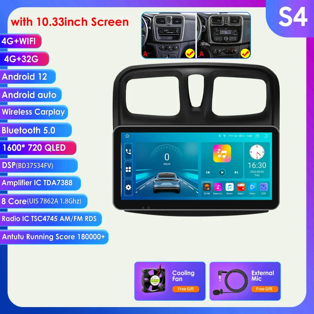 Dacia Logan 2 II Sandero 2  2012-2019 9" Android 14 Carplay Android auto wireless wifi bt gps 4g AUTMH2D9