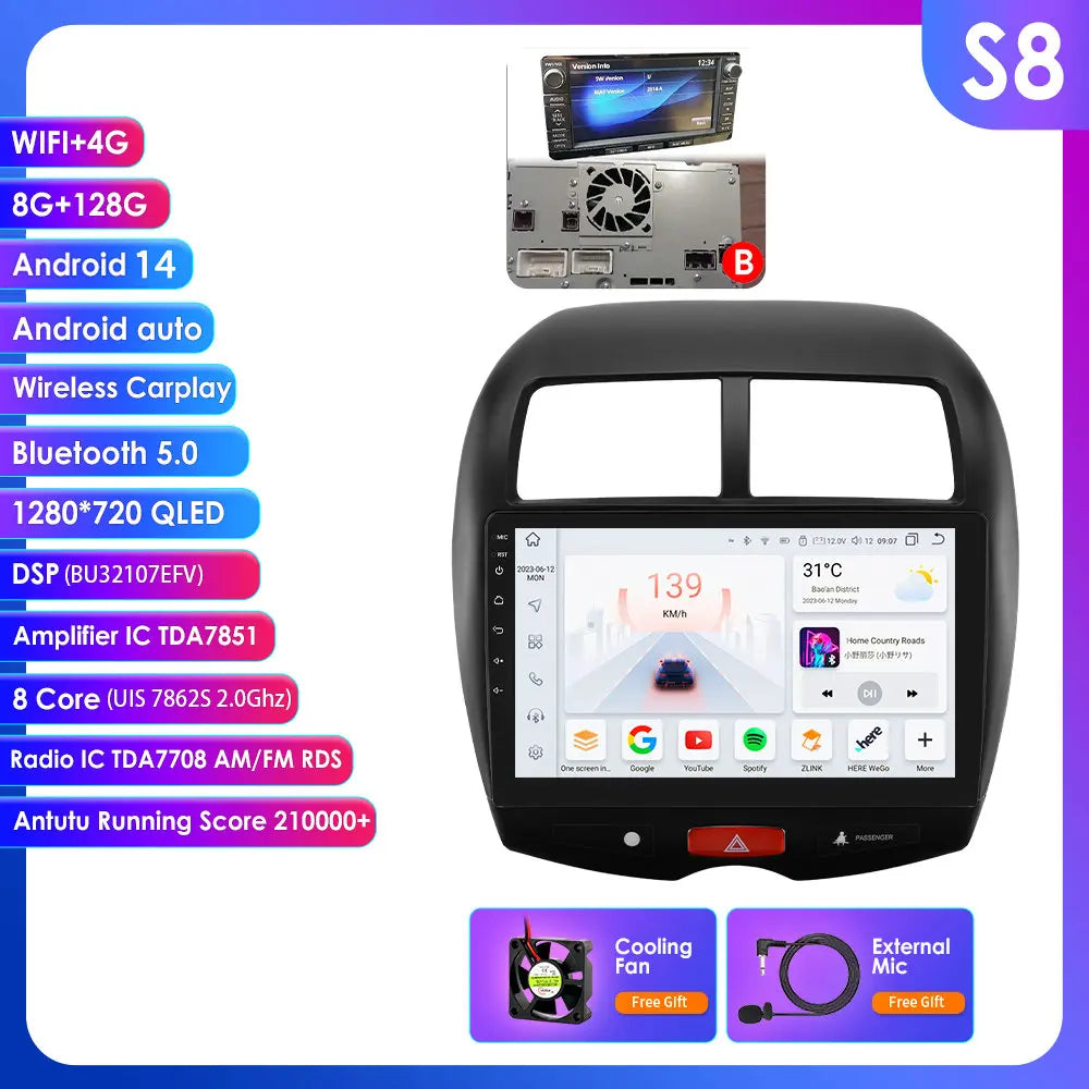 Mitsubishi ASX 1 2010 - 2018/ Citroen C4 aircross 9"Android 14 Carplay Android auto wireless wifi bt gps 4g RDS AUTMMTBSX