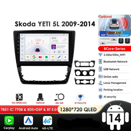 Skoda Yeti 5L 2009-2014 9" 10,33" Android 14 Carplay Android auto wireless wifi bt gps 4g  AUTMXR7U