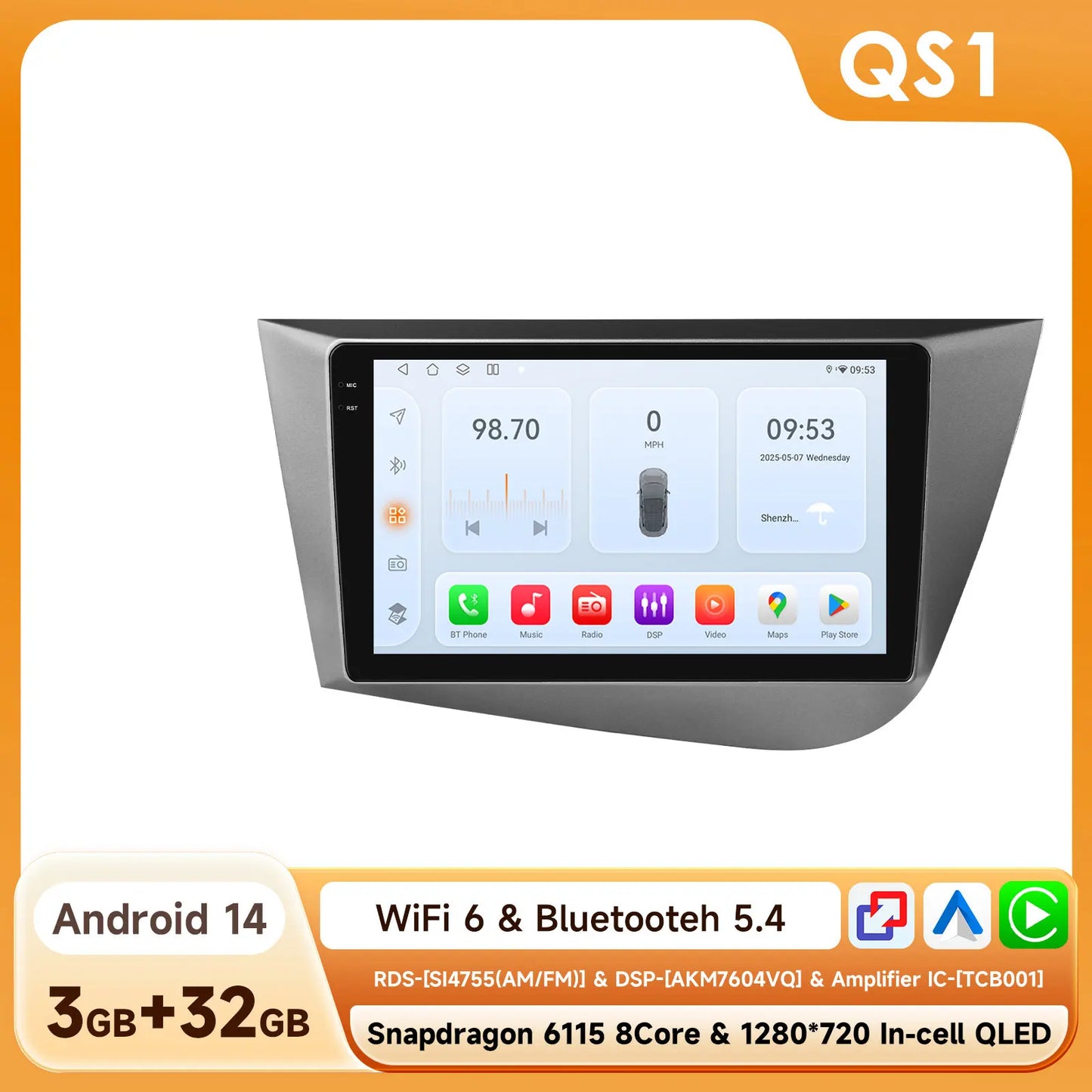 Seat Leon 2 MK2 2005 - 2012 9" Android 14 Carplay Android auto wireless wifi bt gps 4g  AUTMJ9VX
