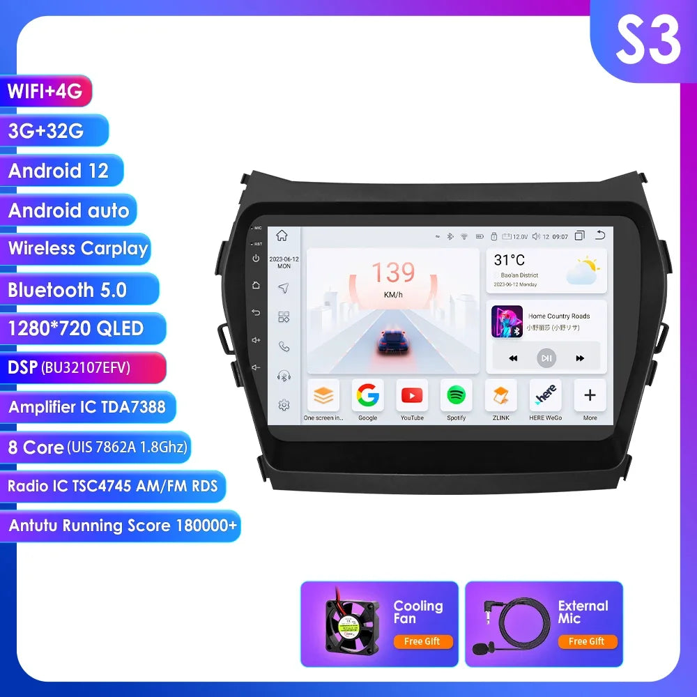 Hyundai Santa Fe 3 2013-2017 IX 45 9" / 10,33" Android 14 Carplay Android auto wireless wifi bt gps 4g  AUTM1AC6