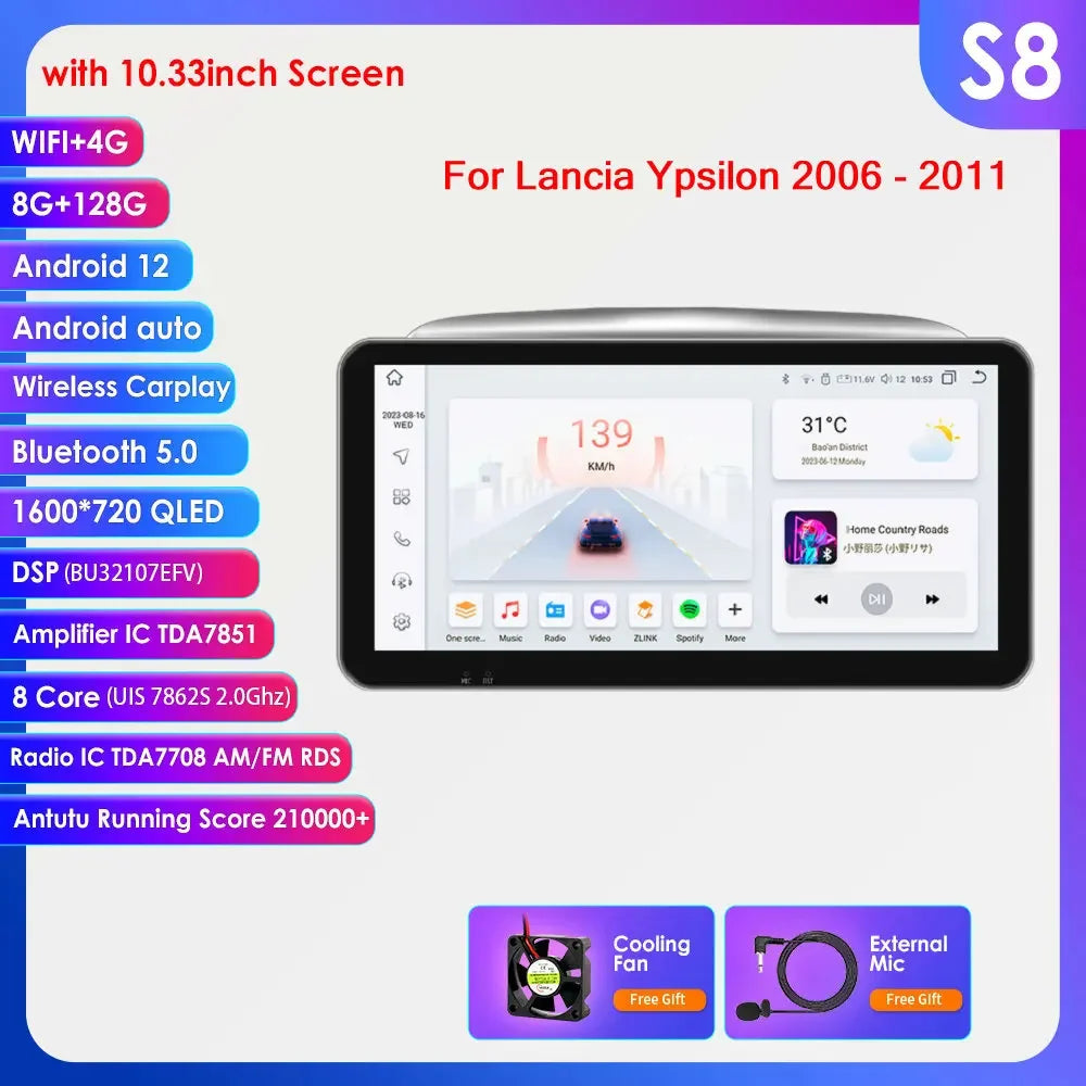 Lancia Ypsilon 2004 - 2011 9" / 10,33" Android 14 Carplay Android auto wireless wifi bt gps 4g  AUTMNYFZ