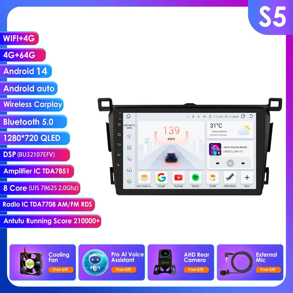 Toyota RAV4 Rav 4 2013-2018 9" Android 14 Carplay Android auto wireless wifi bt gps 4g  AUTM4VARTY