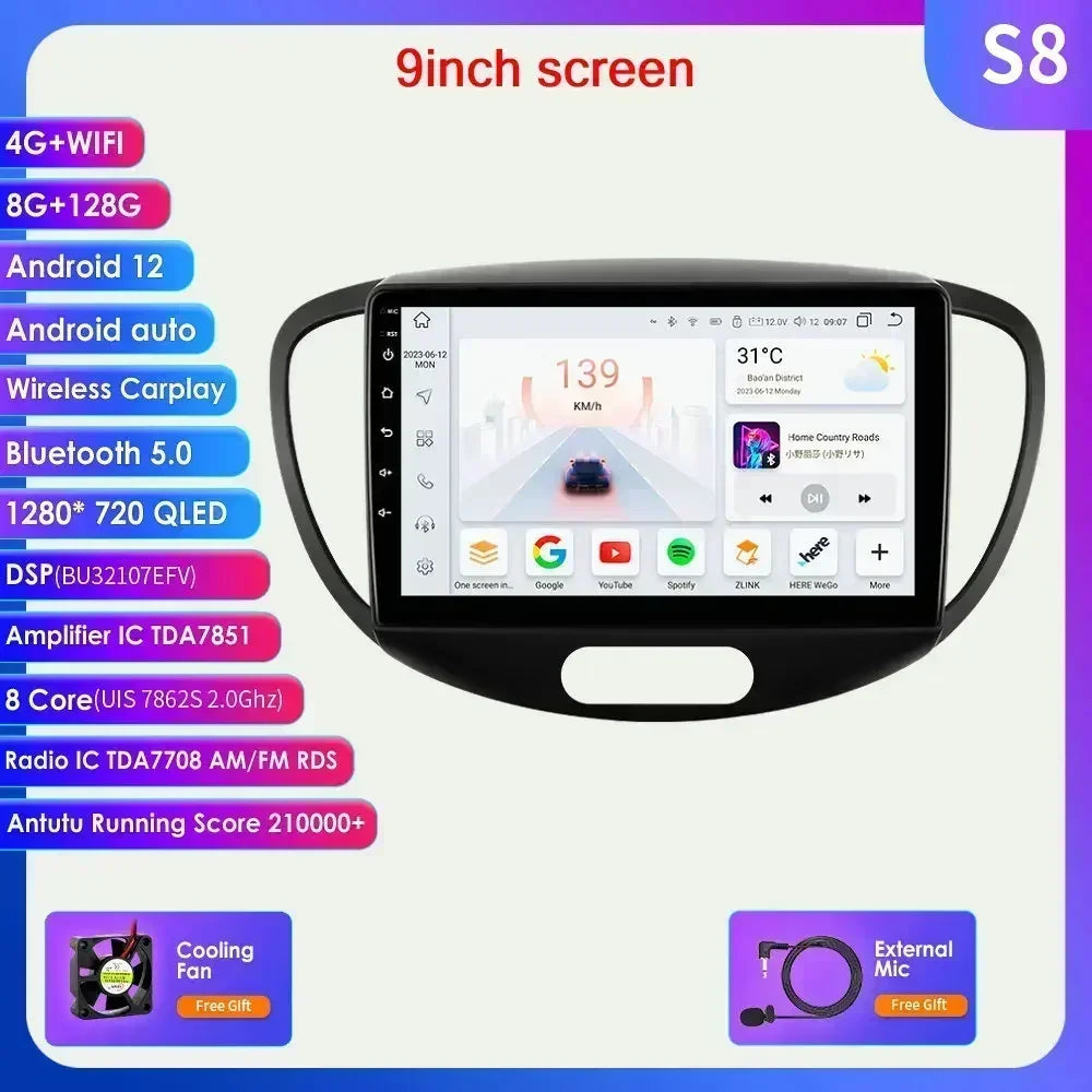 Hyundai I10 2007-2013 9"/10,33" Android 14 Carplay Android auto wireless wifi bt gps 4g  AUTMMDSZ