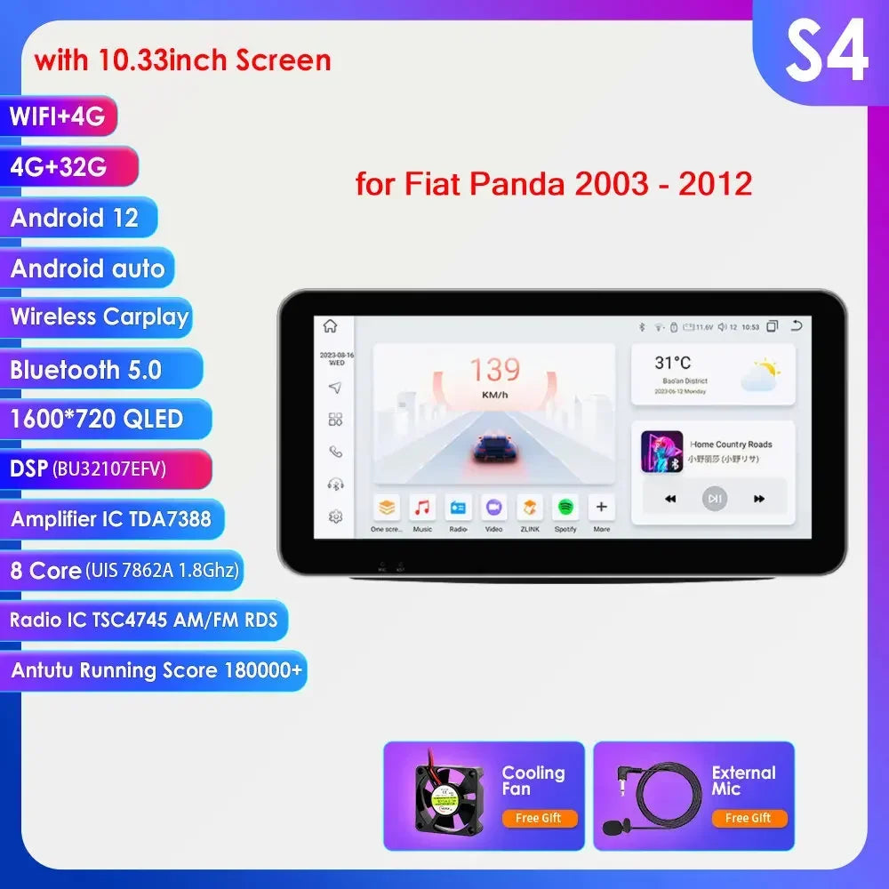 Fiat Panda 2003 - 2012 9" Android 14 Carplay Android auto wireless wifi bt gps 4g  AUTMWUM9