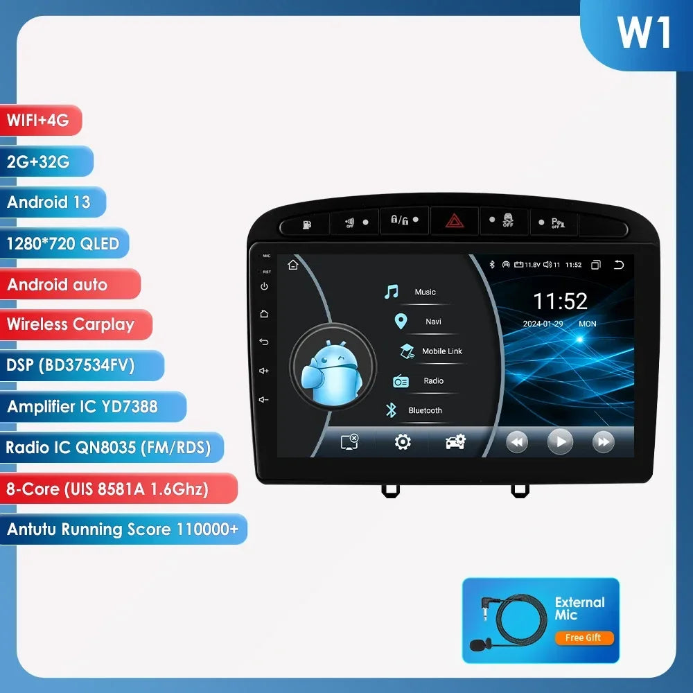 Peugeot 308 308SW Peugeot 9" Android 14 Carplay Android auto wireless wifi bt gps 4g  AUTMAJNZ