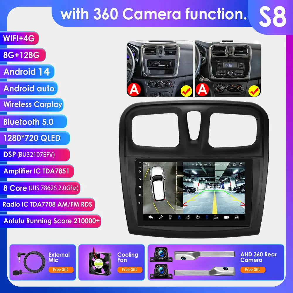 Dacia Logan 2 II Sandero 2  2012-2019 9" Android 14 Carplay Android auto wireless wifi bt gps 4g AUTMH2D9