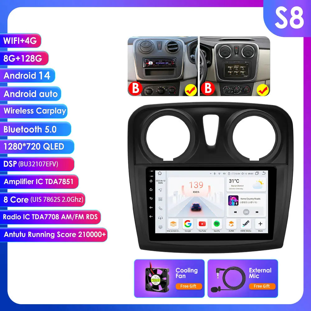 Dacia Logan 2 II Sandero 2  2012-2019 9" Android 14 Carplay Android auto wireless wifi bt gps 4g AUTMH2D9
