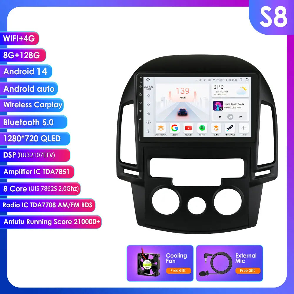 Hyundai I30 2006-2011  9" Android 14 Carplay Android auto wireless wifi bt gps 4g AUTMQS31