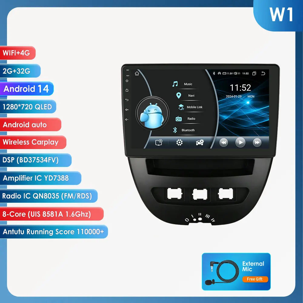 Peugeot 107 Toyota Aygo Citroen C1 9" Android 14 Carplay Android auto wireless wifi bt gps 4g  AUTMH3FI