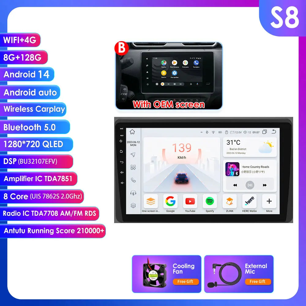 Dacia Duster  Renault Arkana 10,1" / 10,33" Android 14 Carplay Android auto wireless wifi bt gps 4g AUTMLWKH