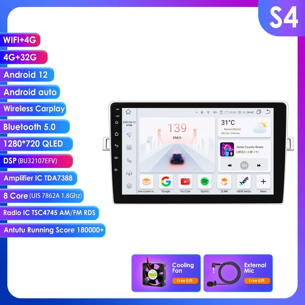Toyota Corolla Verso 2010-2018 9" Android 14 Carplay Android auto wireless wifi bt gps 4g  AUTM348A