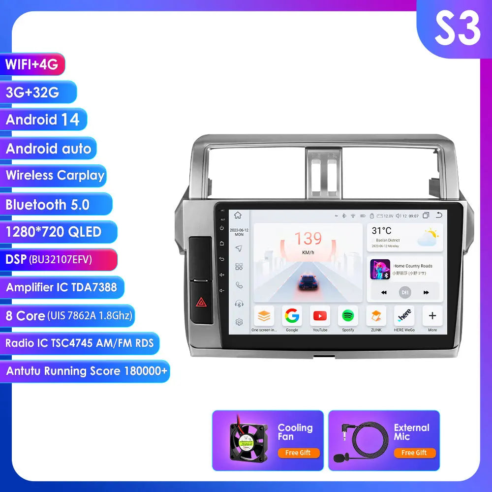 Toyota Land Cruiser Prado 150 2013 - 2017   9" Android 14 Carplay Android auto wireless wifi bt gps 4g   AUTMPRCLLT