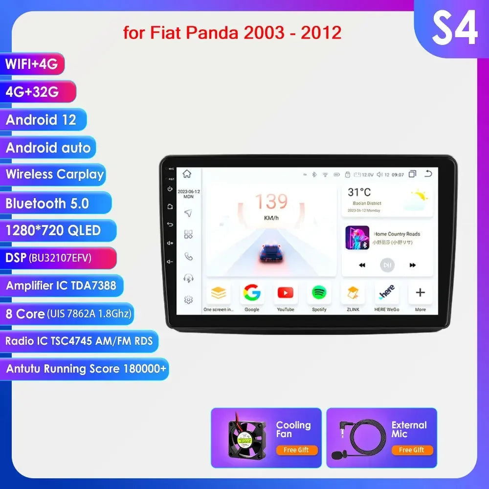 Fiat Panda 2003 - 2012 9" Android 14 Carplay Android auto wireless wifi bt gps 4g  AUTMWUM9