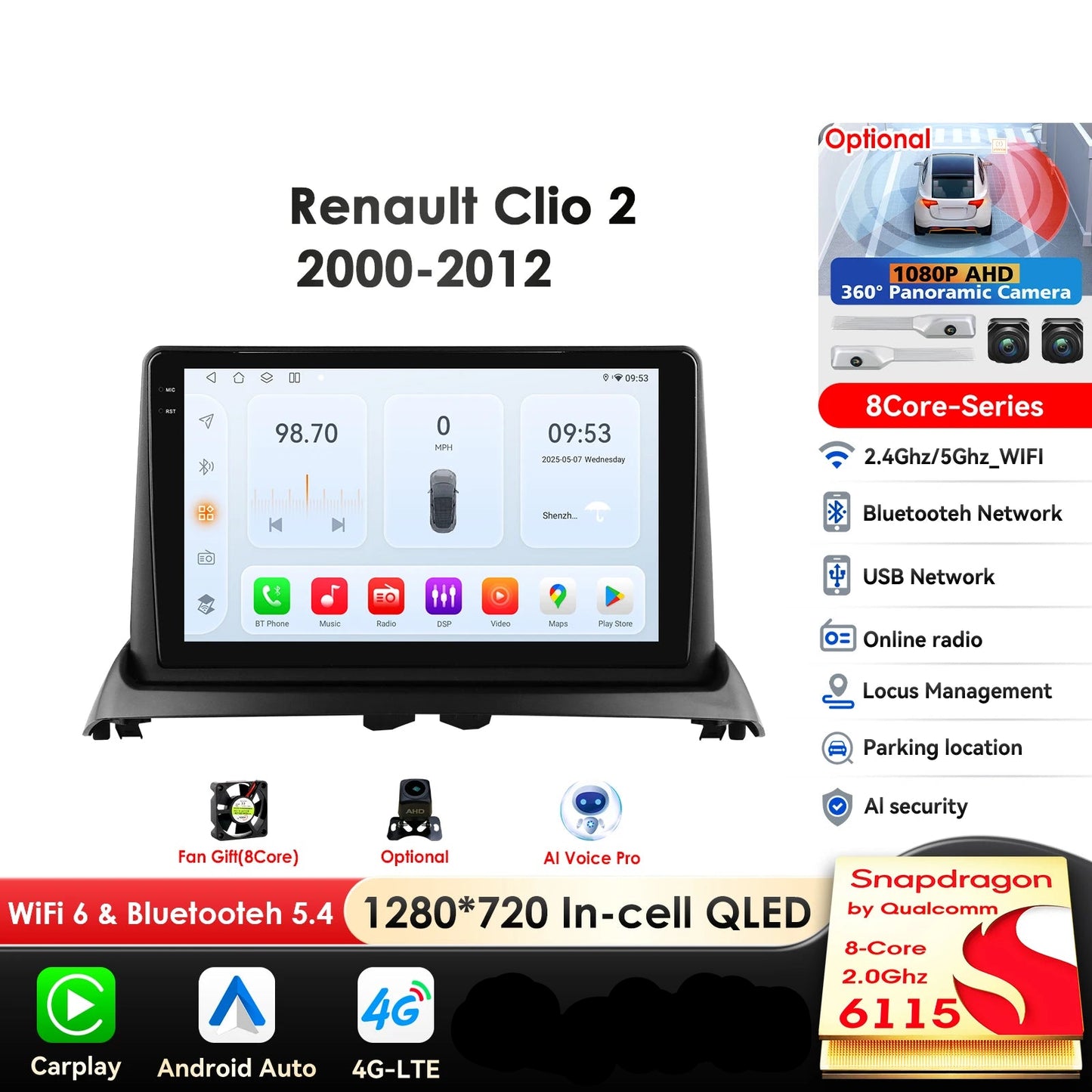Renault Clio 2 2000 - 2012 9" Android 14 Carplay Android auto wireless wifi bt gps 4g  AUTM8236