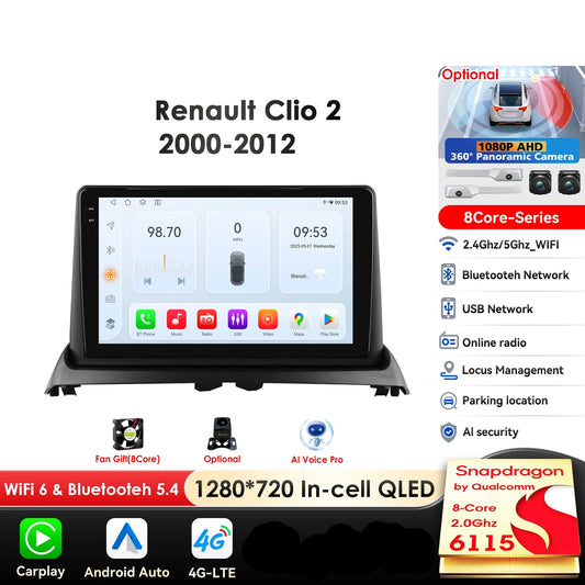 Renault Clio 2 2000 - 2012 9" Android 14 Carplay Android auto wireless wifi bt gps 4g  AUTM8236