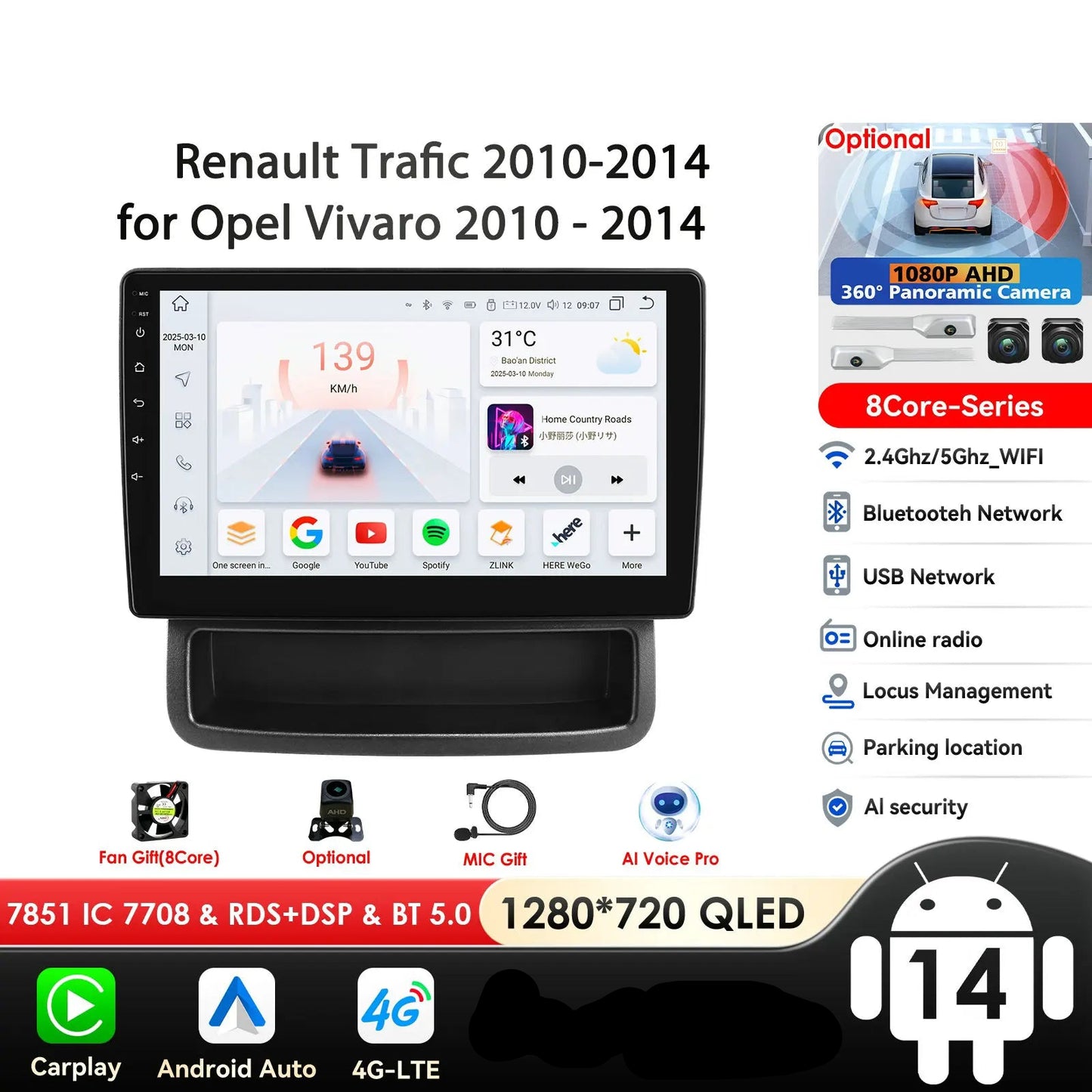 Renault Trafic Opel Vivaro 2010 - 2014  9" Android 14 Carplay Android auto wireless wifi bt gps 4g  AUTMQFMG