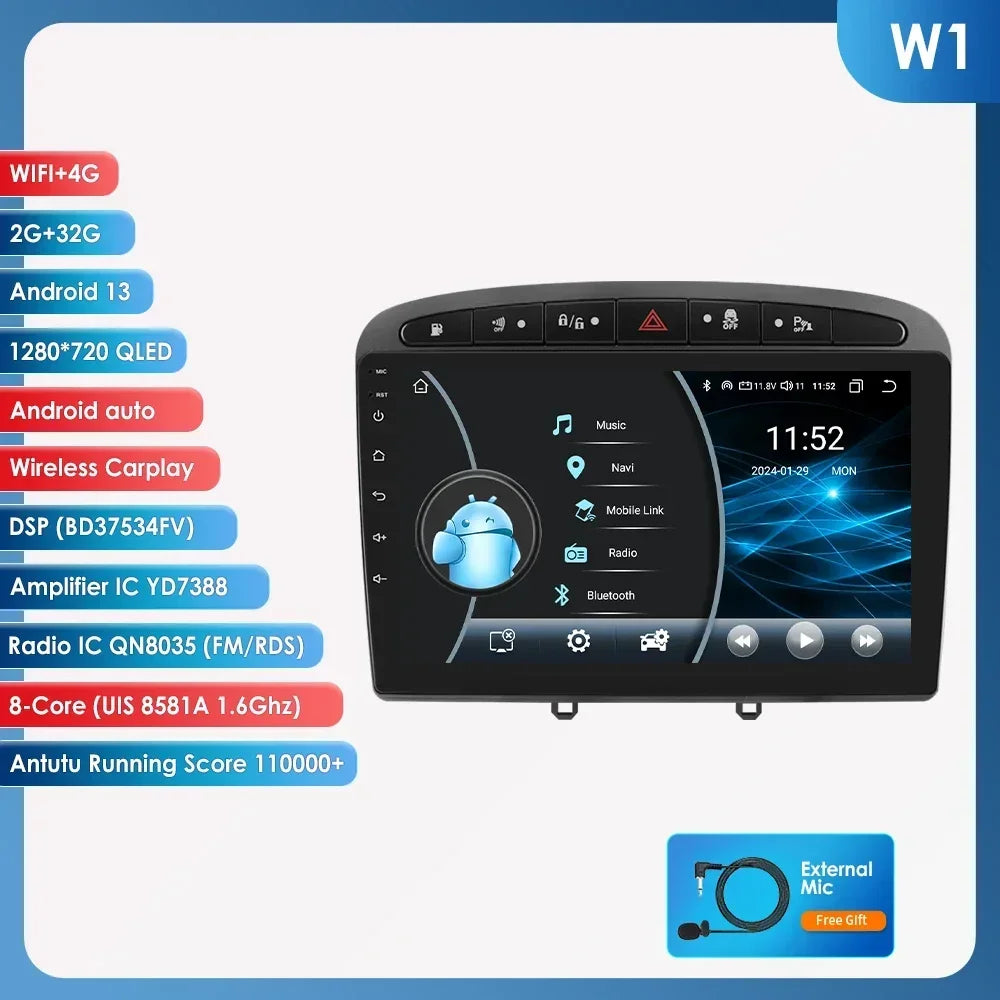 Peugeot 308 308SW Peugeot 9" Android 14 Carplay Android auto wireless wifi bt gps 4g  AUTMAJNZ