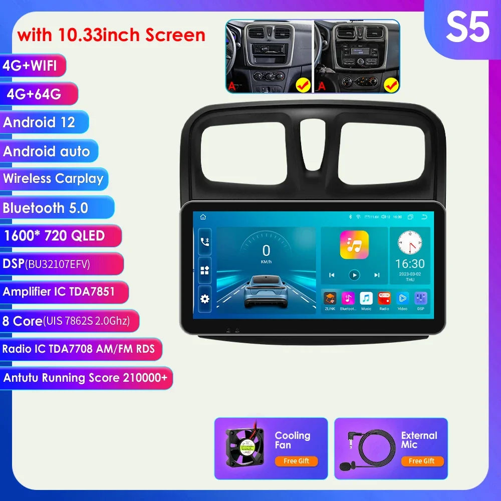 Dacia Logan 2 II Sandero 2  2012-2019 9" Android 14 Carplay Android auto wireless wifi bt gps 4g AUTMH2D9