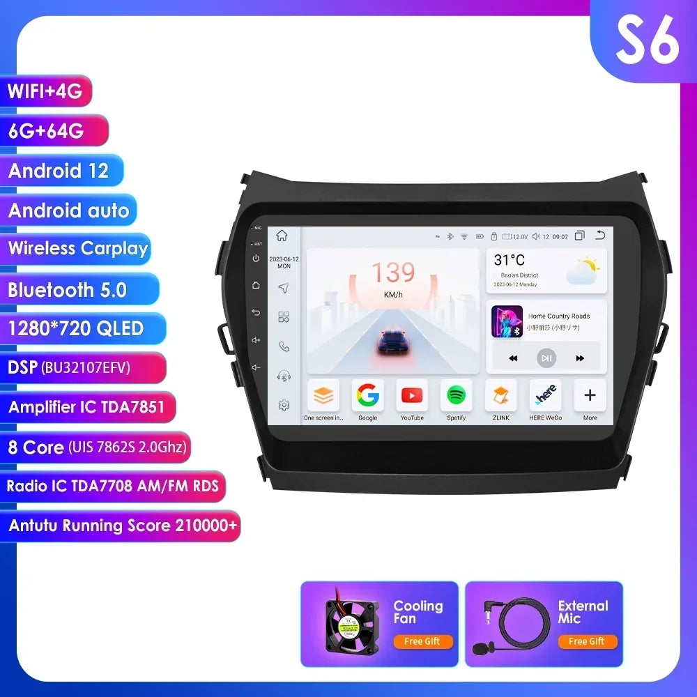 Hyundai Santa Fe 3 2013-2017 IX 45 9" / 10,33" Android 14 Carplay Android auto wireless wifi bt gps 4g  AUTM1AC6
