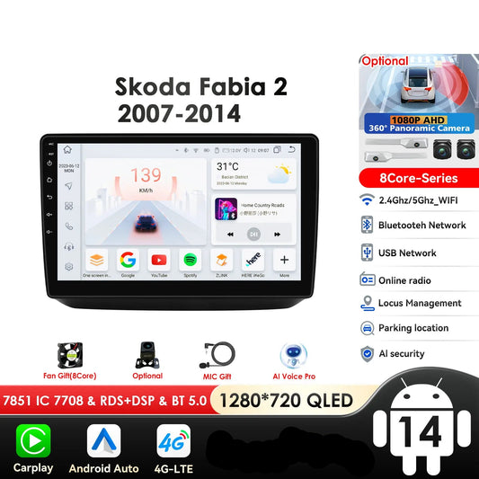 Skoda Fabia 2 2007 - 2014 10,1" Android 14 Carplay Android auto wireless wifi bt gps 4g  AUTMQ1FL