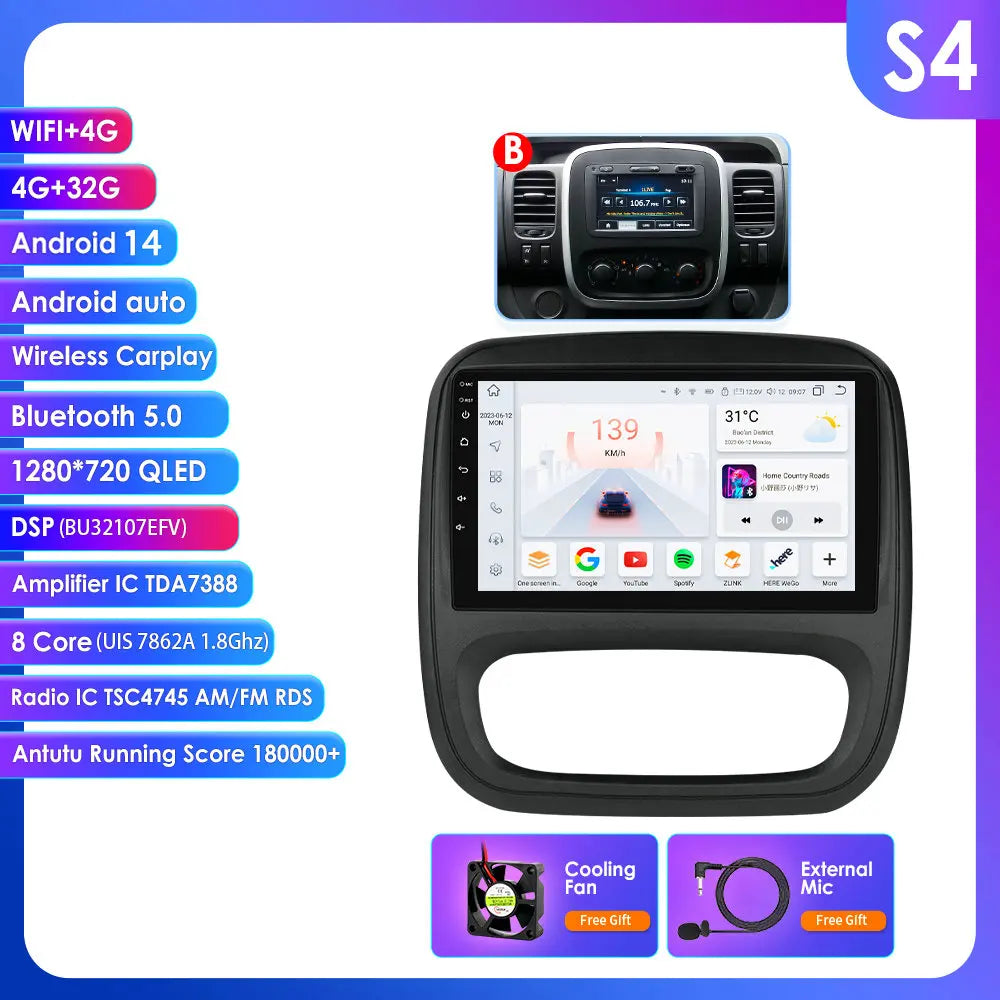 Fiat Talento Renault Trafic 3 / Opel Vivaro B 2014-2021 9" Android 14 Carplay Android auto wireless wifi bt gps 4g AUTMUYH9