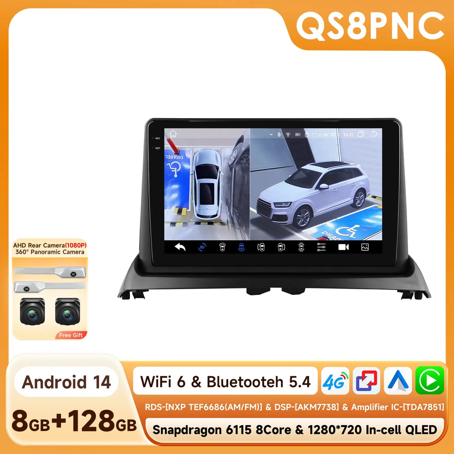 Renault Clio 2 2000 - 2012 9" Android 14 Carplay Android auto wireless wifi bt gps 4g  AUTM8236
