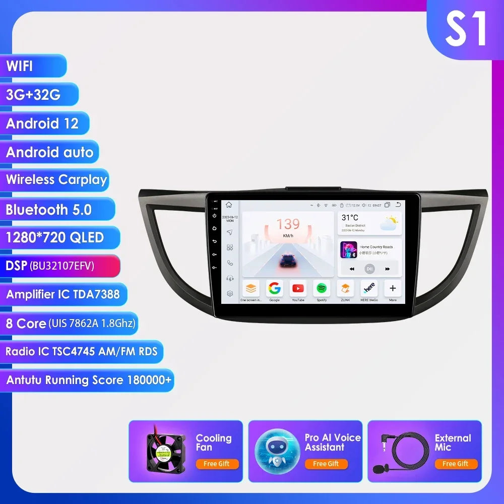 Honda CRV 4th 2012-2016 9" Android 14 Carplay Android auto wireless wifi bt gps 4g AUTMVCRH4