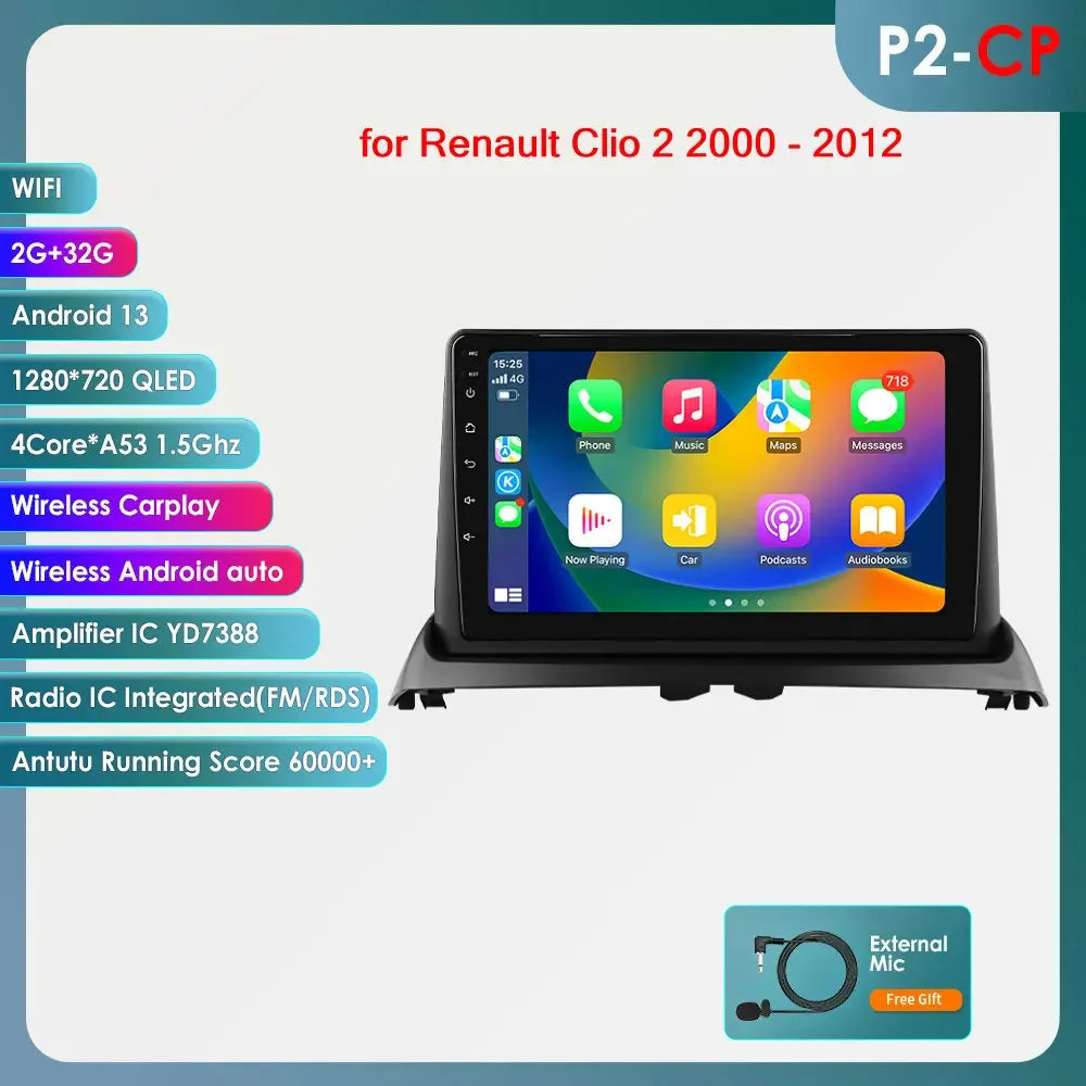 Renault Clio 2 2000 - 2012 9" Android 14 Carplay Android auto wireless wifi bt gps 4g  AUTM8236