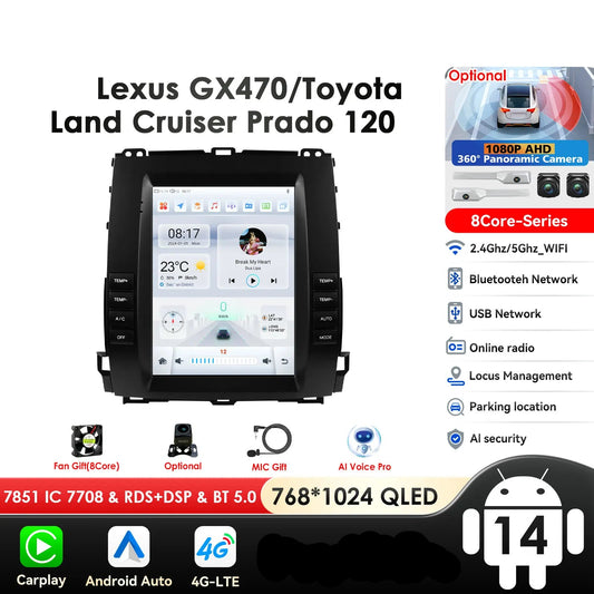 Toyota Land Cruiser Prado 120 2002-2009 Lexus GX470 9,7" Android 14 Carplay Android auto wireless wifi bt gps 4g  AUTMWU0F