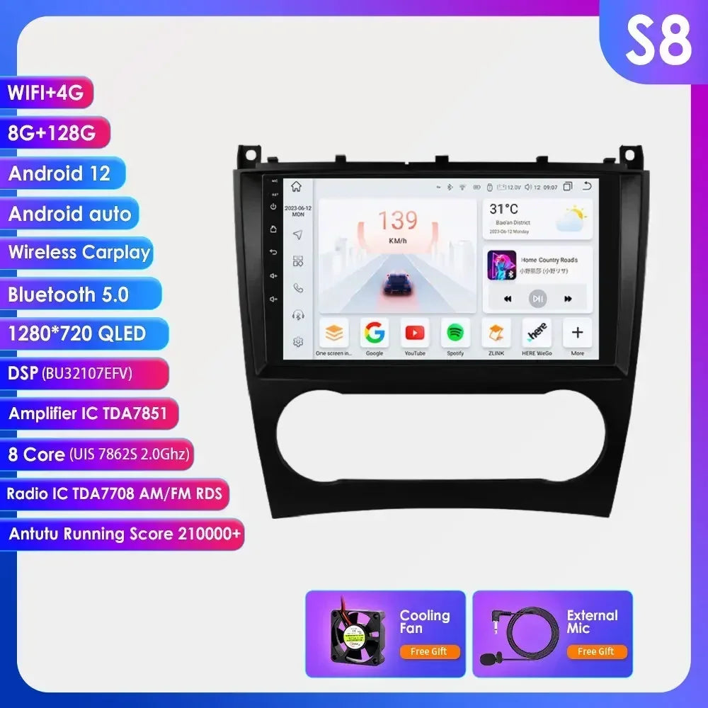Mercedes Benz CLC W203 C-Class C180 C200 CLK200 CLK W209 9" / 10,33" Android 14 Carplay Android auto wireless wifi bt gps 4g  AUTMNWKX