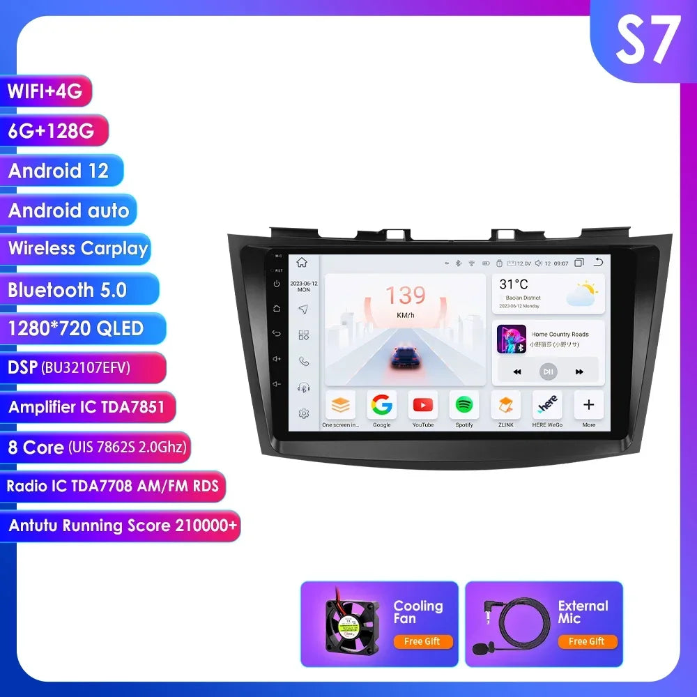 Suzuki Swift 4 2011-2015 9" Android 14 Carplay Android auto wireless wifi bt gps 4g  AUTMSCNB