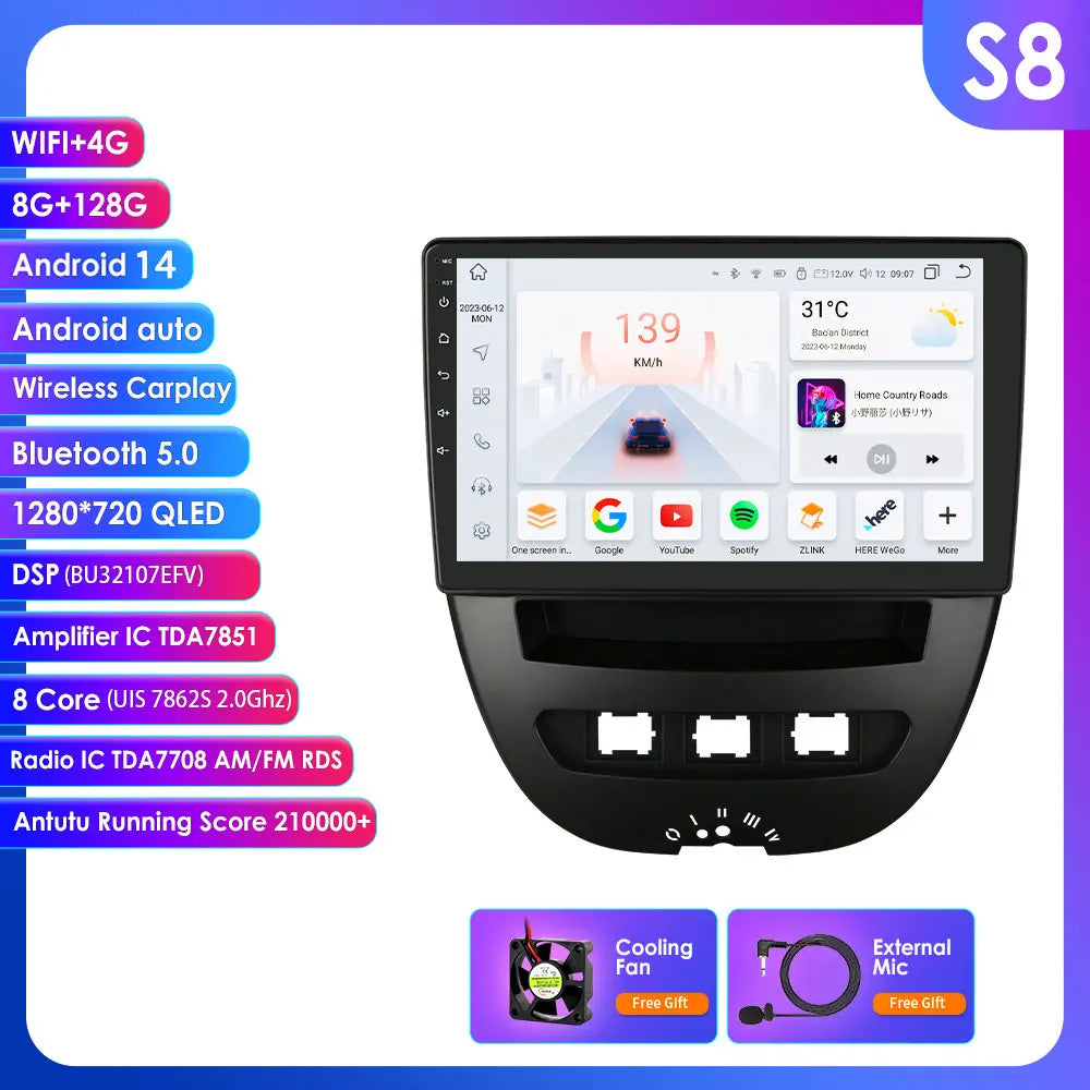 Peugeot 107 Toyota Aygo Citroen C1 9" Android 14 Carplay Android auto wireless wifi bt gps 4g  AUTMH3FI