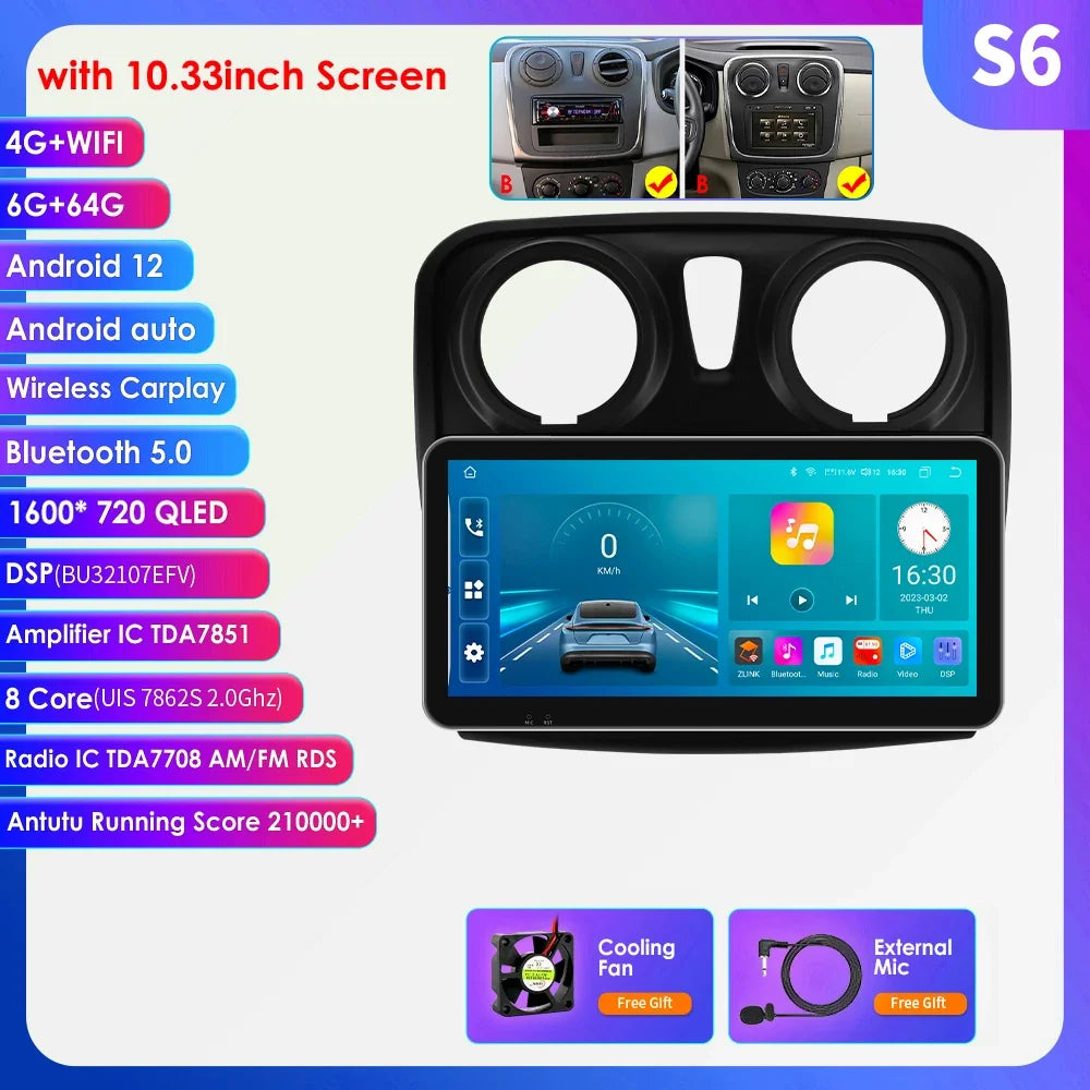 Dacia Logan 2 II Sandero 2  2012-2019 9" Android 14 Carplay Android auto wireless wifi bt gps 4g AUTMH2D9