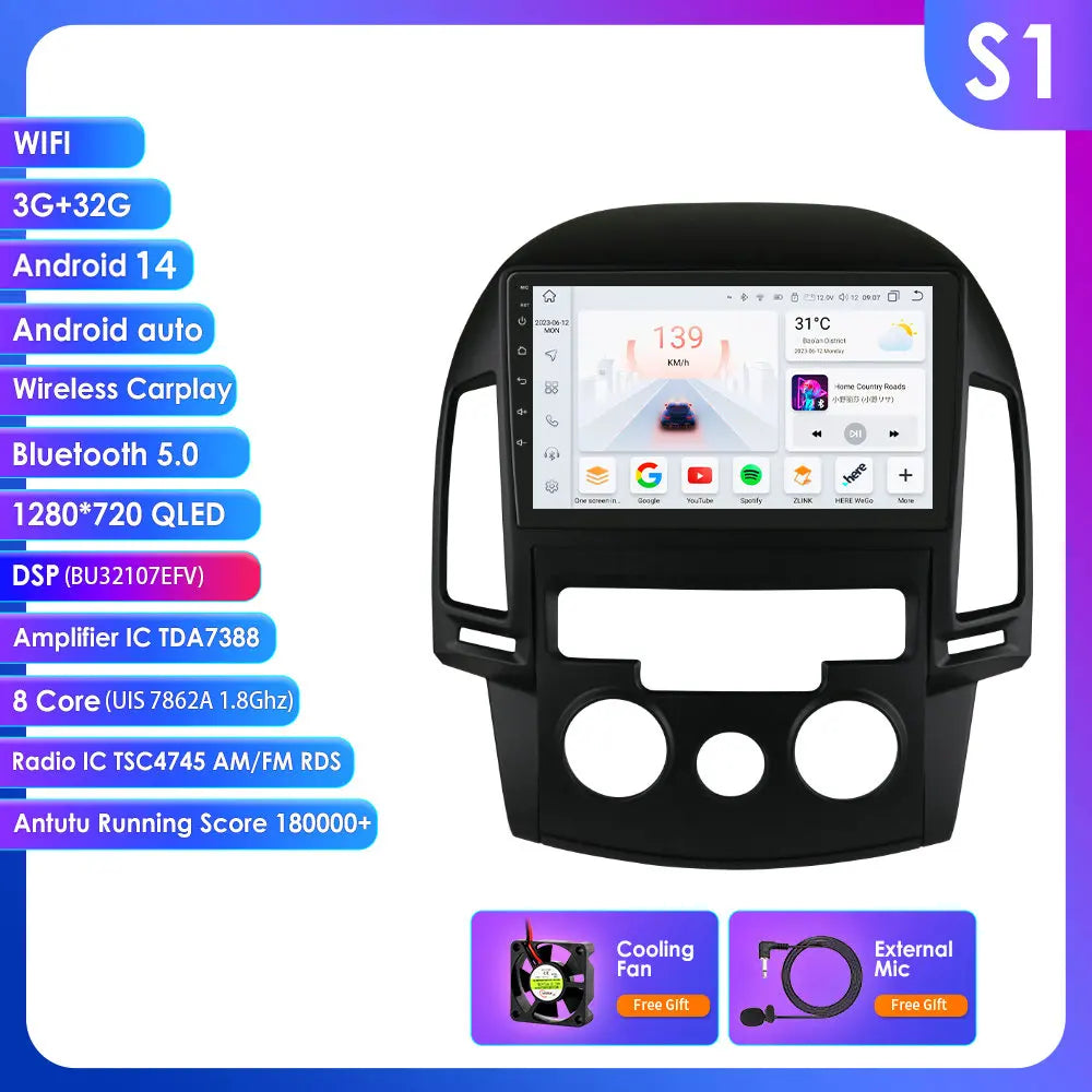 Hyundai I30 2006-2011  9" Android 14 Carplay Android auto wireless wifi bt gps 4g AUTMQS31