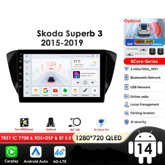 Skoda Superb 3 2015 - 2019 10,1" / 10,33" Android 14 Carplay Android auto wireless wifi bt gps 4g  AUTM1J1R