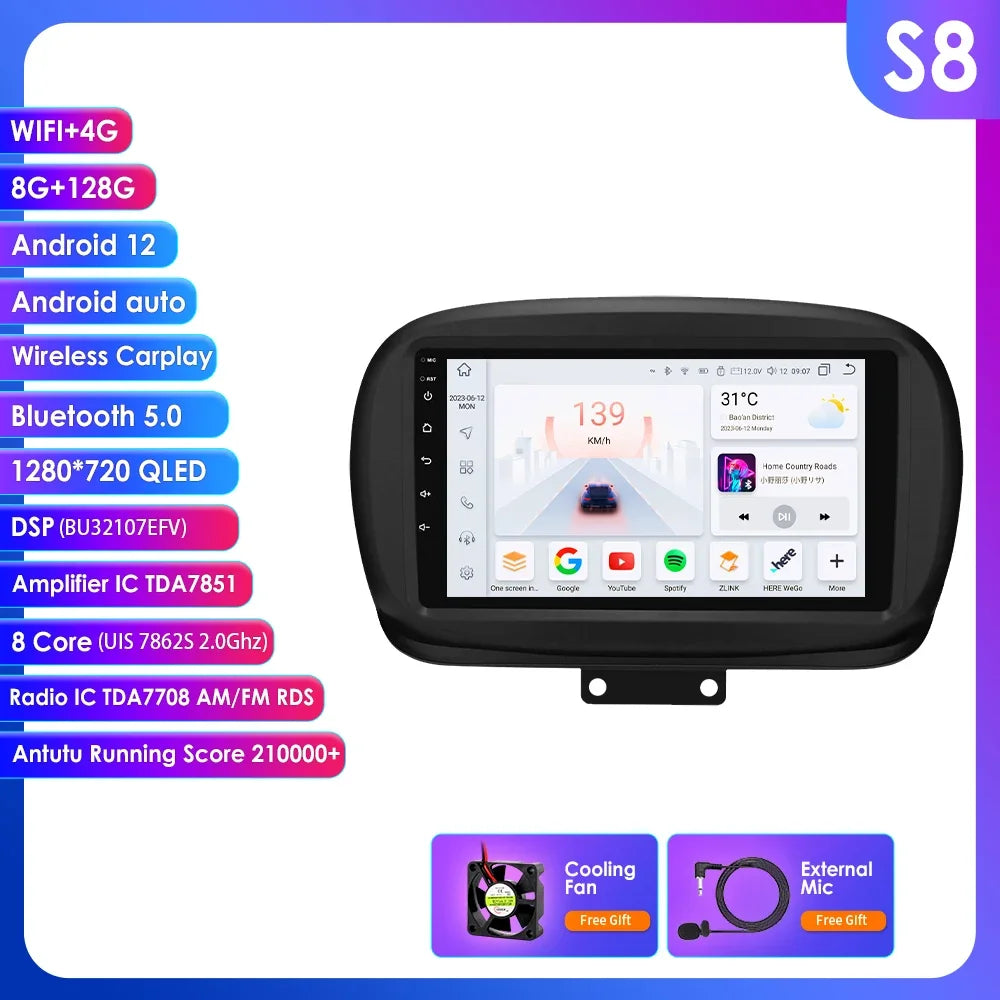 FIAT 500X 2014-2020 9" Android 14 Carplay Android auto wireless wifi bt gps 4g  AUTMXDQZ