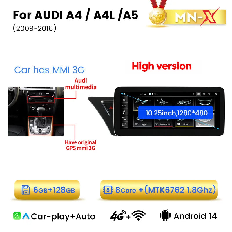 Audi A4 A4L A5 B8 2009-2016 10,25" Android 14 Stereo Car Smart System   Wireless CarPlay Wireless Android Auto  Multimedia Video Player Display 4G WiFi BT  AUTMAI1Y