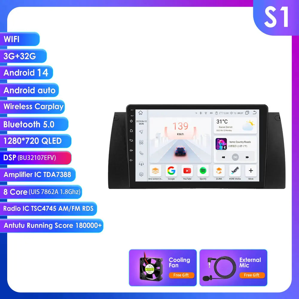 BMW 5 E39 E53 X5 1995-2006 9" Android 14 Carplay Android auto wireless wifi bt gps 4g  AUTM4O3C