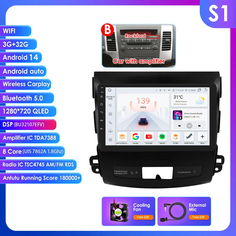 Mitsubishi Outlander 2 Peugeot 4007  Citroen C-Crosser 9" Android 14 Carplay Android auto wireless wifi bt gps 4g AUTMS5Y3