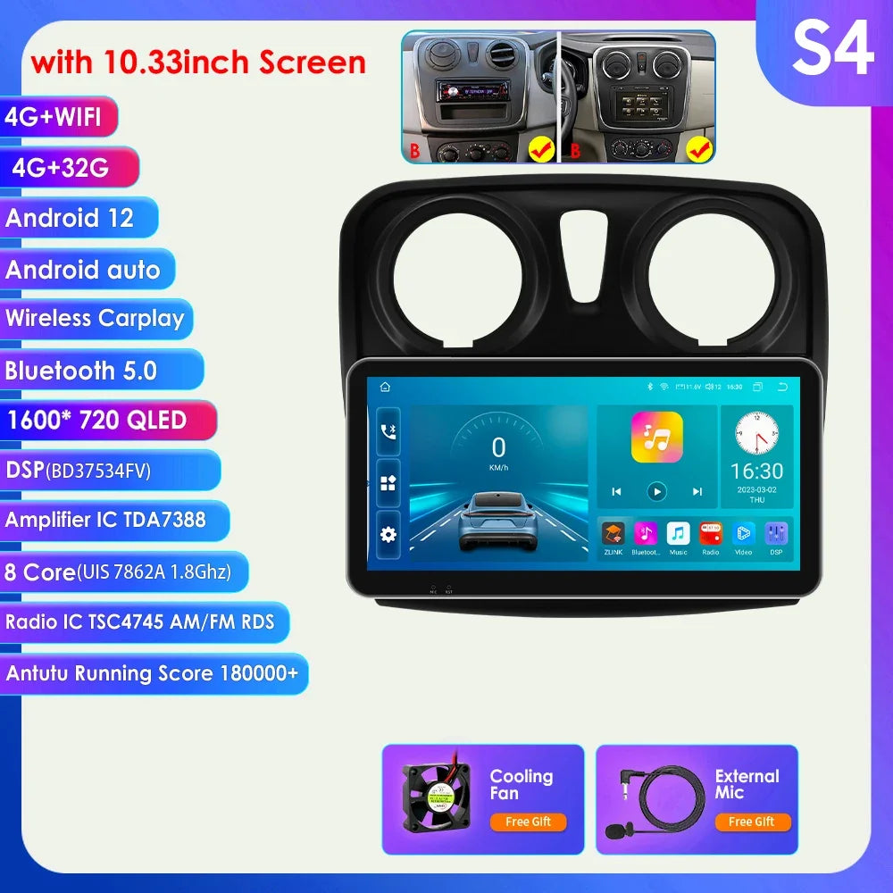 Dacia Logan 2 II Sandero 2  2012-2019 9" Android 14 Carplay Android auto wireless wifi bt gps 4g AUTMH2D9