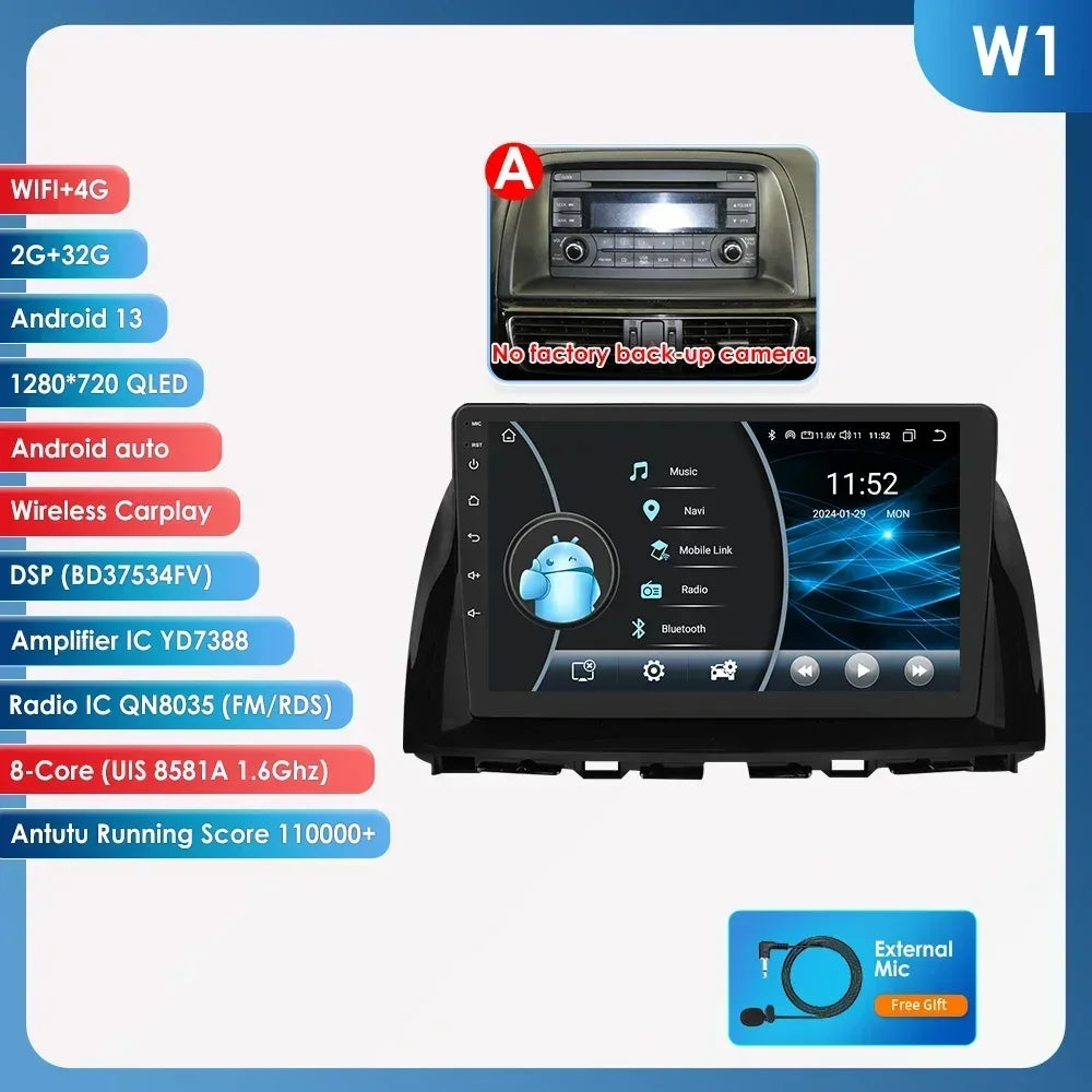 Mazda CX5 CX-5 CX 5 2012 - 2015 9" Android 14 Carplay Android auto wireless wifi bt gps 4g  AUTMAPJJ